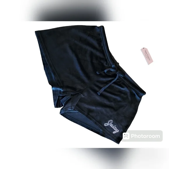 Juicy Couture 2 Piece  Velour Loungewear Short set, Black w/ Pink Studded Logo - Picture 6 of 8